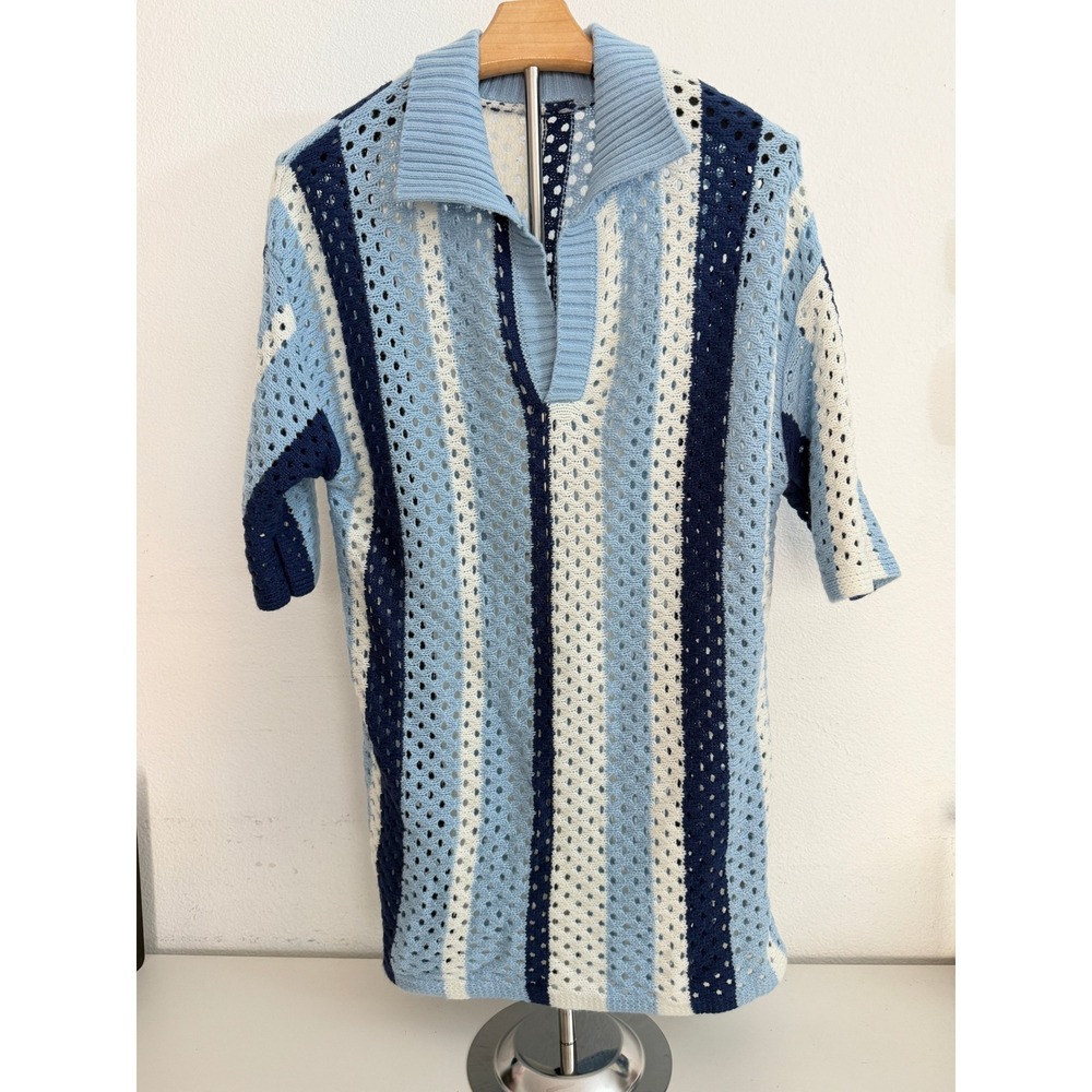 Manfinity Mens Blue White Crochet Knit Striped Polo Shirt Short Sleeve Size M